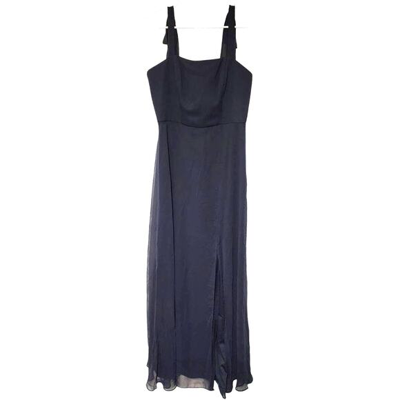 Dessy Collection Tie Strap Chiffon Gown with Front Slit Midnight Blue 12-R - Picture 3 of 10
